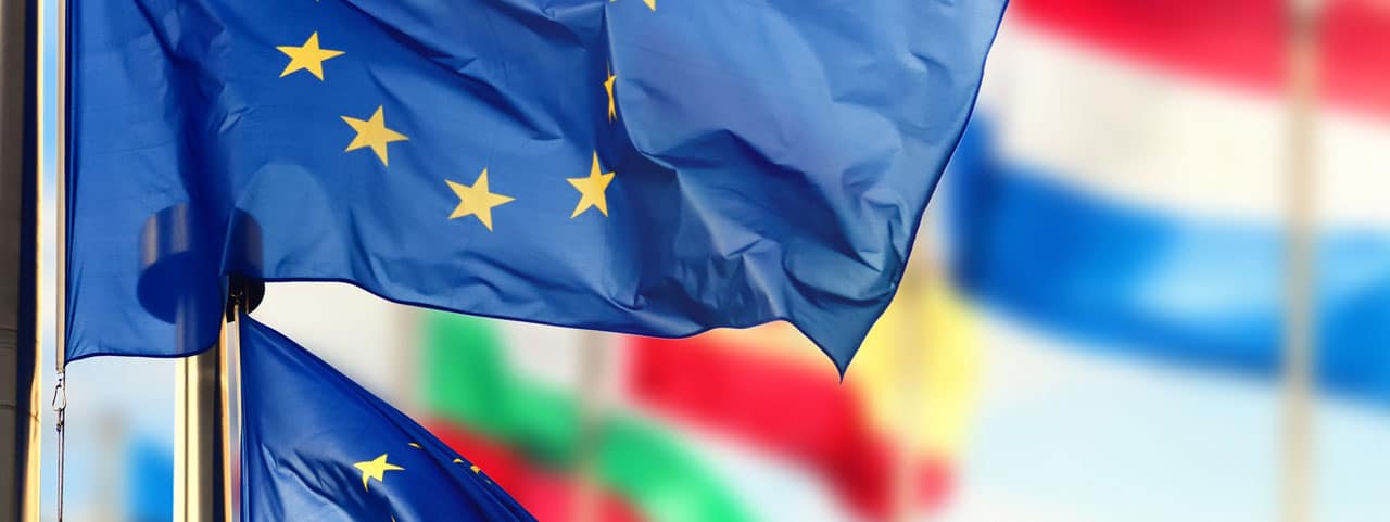 Bandera de la Unión Europea Ondeando, con otraz banderas de paises de la Unión en segundo plano