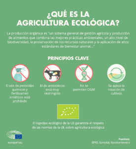 Se considera agricultura ecológica aquella que se basa en un sistema sostenible que respeta el medio ambiente y el bienestar animal, pero también incluye todas las demás etapas de la cadena de suministro de alimentos (suministro de materias primas, procesamiento, almacenamiento, transporte, distribución y servicios minoristas).