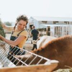 Chica con trenzas y sonriente da de comer a los animales en una granja al aire libre