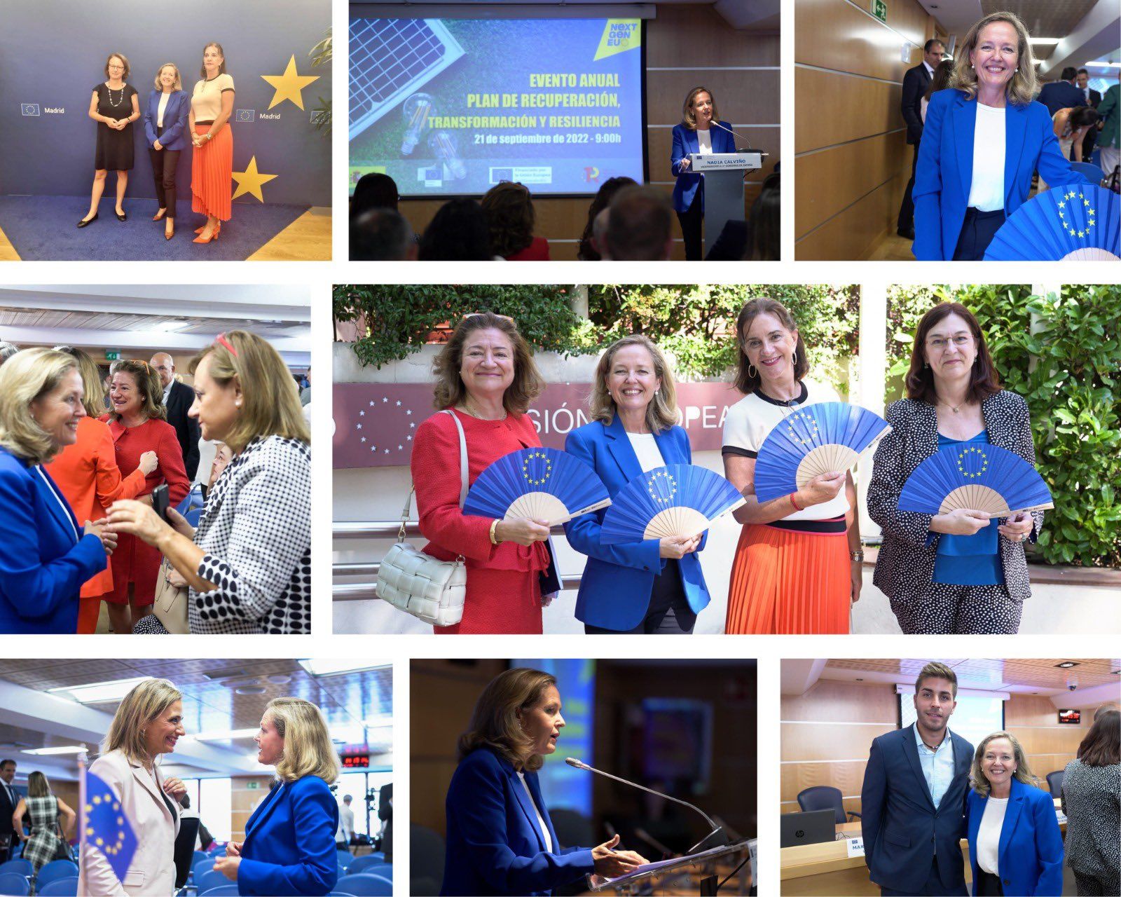 Mosaico de imágenes donde aparece Nadie Calviño y otros representantes de la UE
