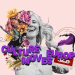 Imagen promocional de "Culture Moves Europe" con una collage de un chica que sonrie rodeada de flores sobre un fondo rosa pálido