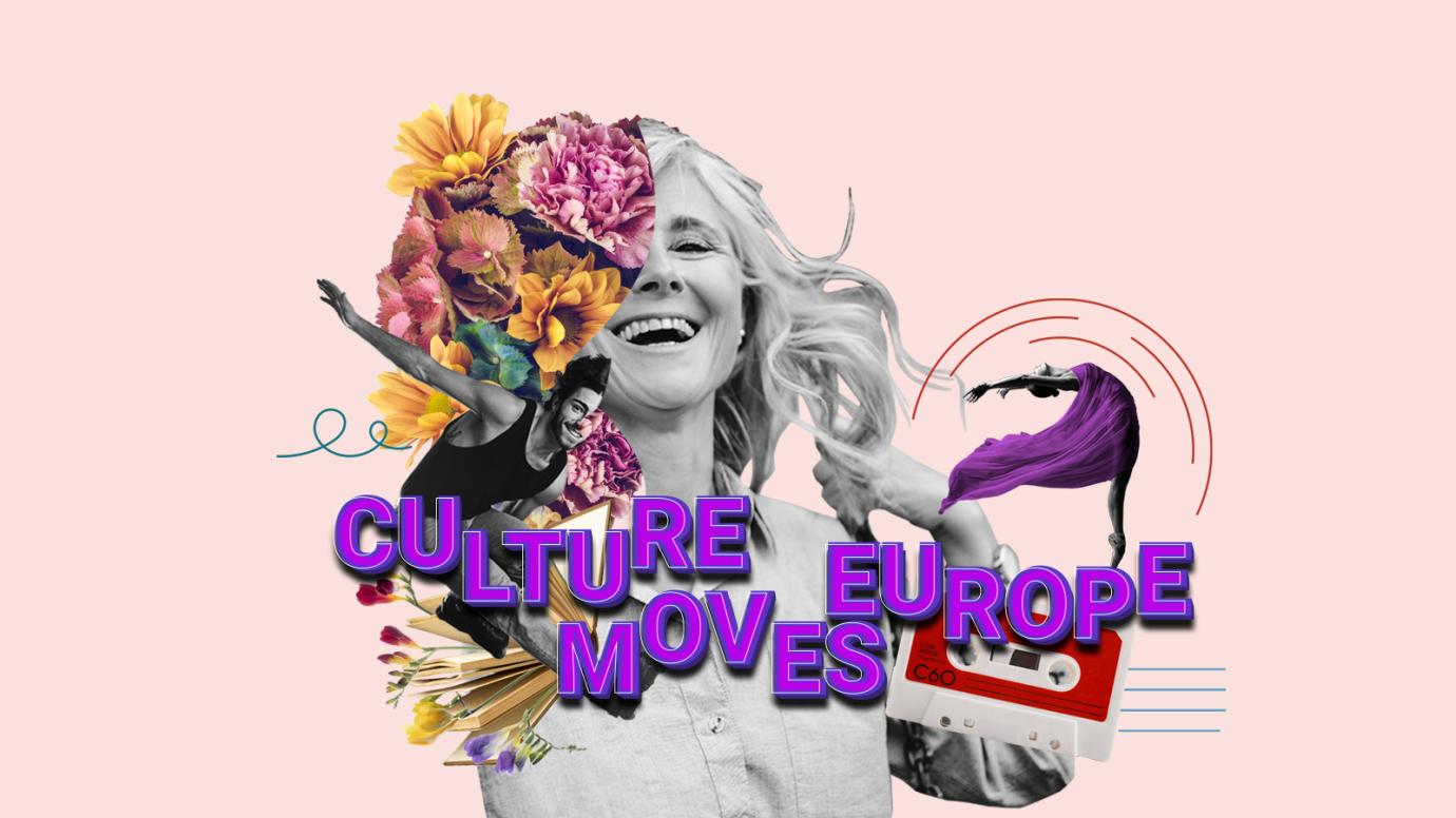 Imagen promocional de "Culture Moves Europe" con una collage de un chica que sonrie rodeada de flores sobre un fondo rosa pálido
