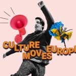 Imagen promocional de "Culture Moves Europe" a modo de collage en la que un chico que salta aparece sobre un fondo en rosa pálido