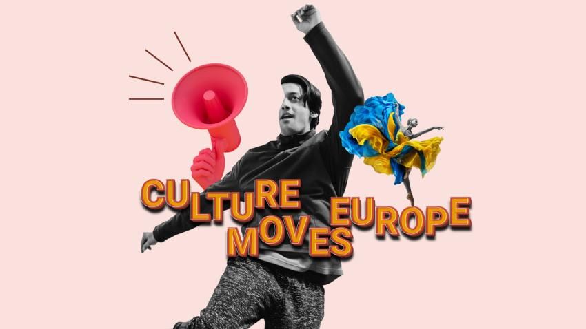Imagen promocional de "Culture Moves Europe" a modo de collage en la que un chico que salta aparece sobre un fondo en rosa pálido