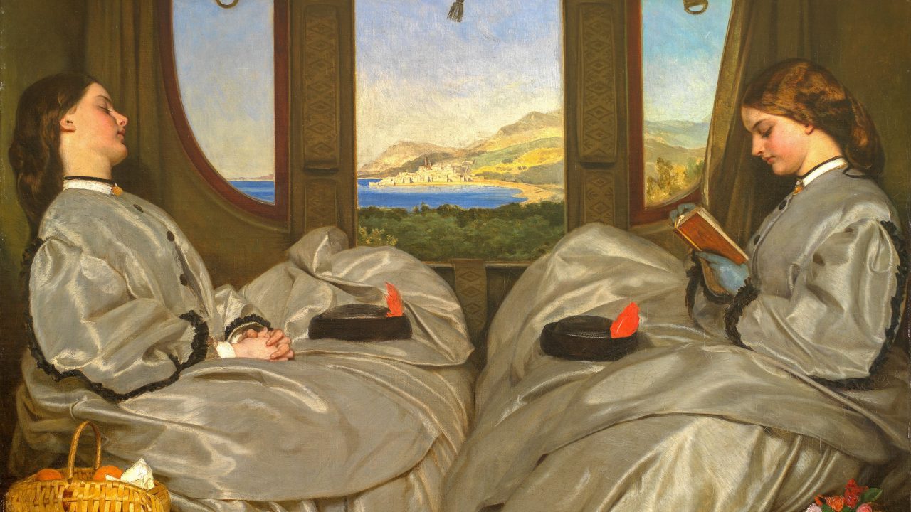 Pintura de dos mujeres sentadas la una frente a la otra en un tren; una de ellas lee.