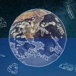 Dibujo de la Tierra en el espacio con motivos y dibujos sobre el cambio climático