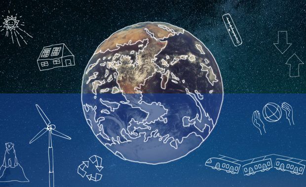 Dibujo de la Tierra en el espacio con motivos y dibujos sobre el cambio climático