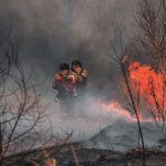 Dos bombero caminan de espaldas a la cámara en medio de un bosque en llamas