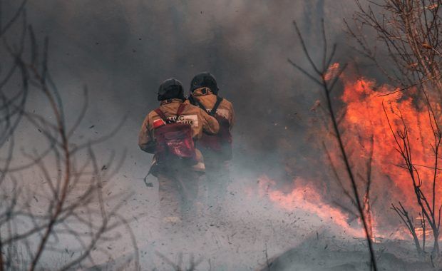 Dos bombero caminan de espaldas a la cámara en medio de un bosque en llamas