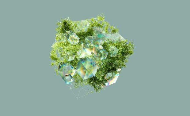 Imagen digital de un cubo de cristal del que emergen brotes de musgo verde