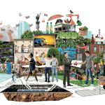 Collage digital en que se muestran distintos aspectos de la vida en la ciudad