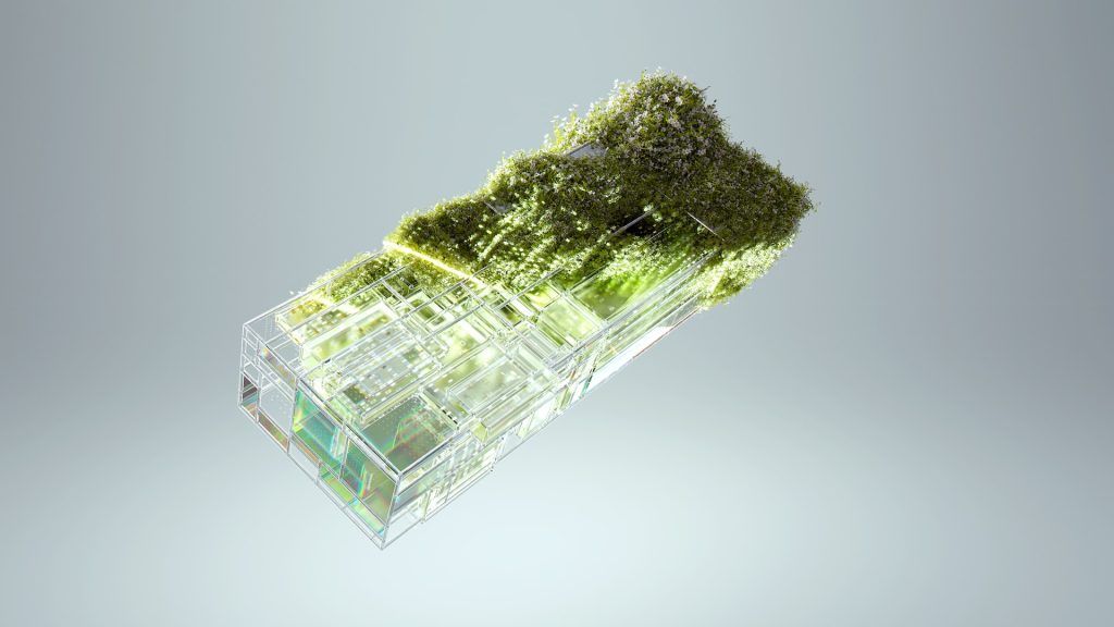 Imagen digital de un hexaedro rectangular transparente con un circuito interno de color blanco, y recubierto en un extremo de un musgo verde que se extiende poco a poco por la superficie