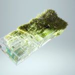 Imagen digital de un hexaedro rectangular transparente con un circuito interno de color blanco, y recubierto en un extremo de un musgo verde que se extiende poco a poco por la superficie