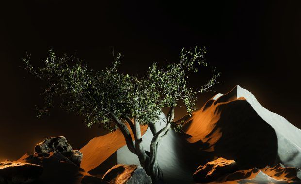 Imagen digital de un árbol que se yergue rodeado de montículos terrosos en la penumbra