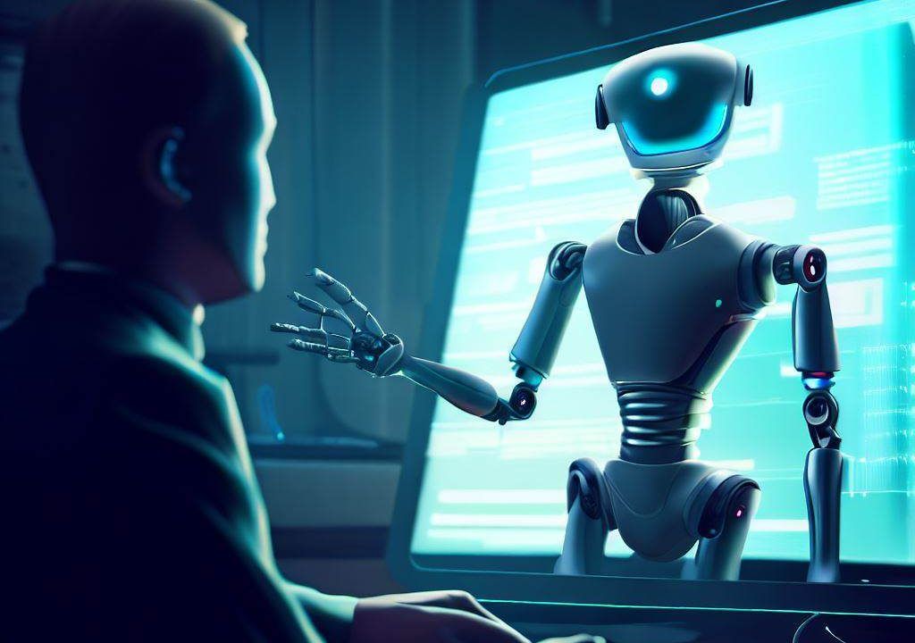 ilustración de un humano frente a la pantalla de ordenador y en la que se muestra un robot