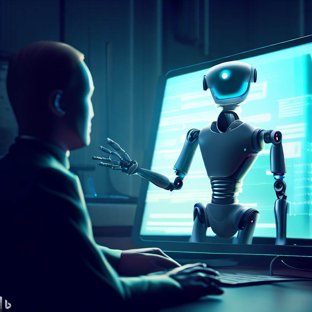 ilustración de un humano frente a la pantalla de ordenador y en la que se muestra un robot