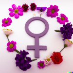 símbolo feminista rodeado de distintas flores