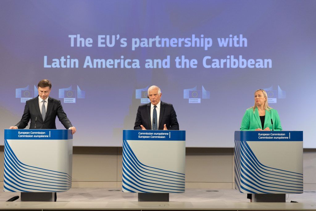 Valdis Dombrovskis, Josep Borrell, and Jutta Urpilainen, from left to right