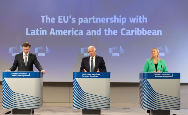 Valdis Dombrovskis, Josep Borrell, and Jutta Urpilainen, from left to right