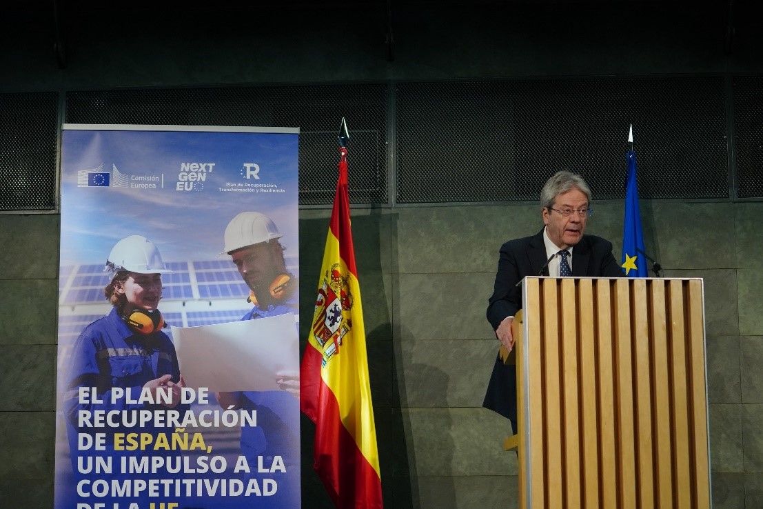 Gentiloni durante la conferencia anual sobre el Plan de Recuperación, Transformación y Resiliencia español. Copyright: Unión Europea 2024